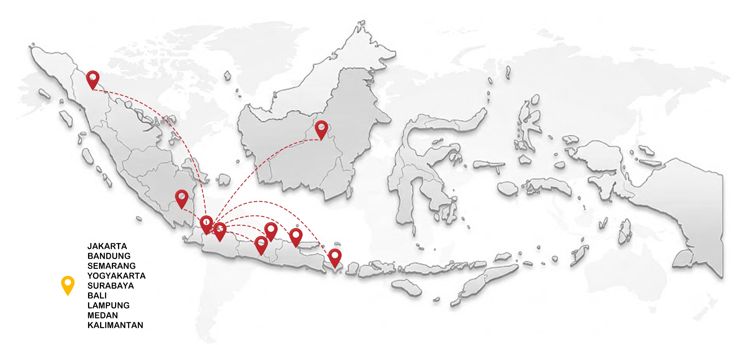 Peta jangkauan distribusi PT. Lawsim Zecha: Medan, Kalimantan, Lampung, Jakarta (HQ), Bandung, Semarang, Jogjakarta, Surabaya, Bali